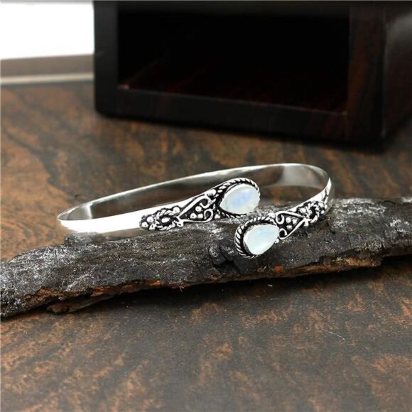 Pear Shape Natural Gemstones Bangle for Women - 925 Sterling Silver Plated - Picture 5 of 7